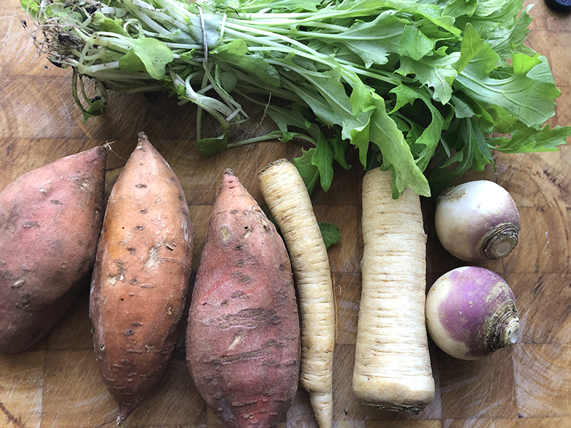 Raapsteel, wortel, meiknol met zoete aardappelen