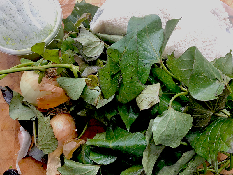 Blad van de zoete aardappel in een risotto